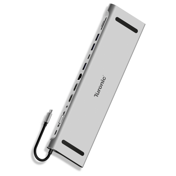 Slim silver aluminum hub angled upright, with a USB-C cable and a row of ports along one edge.