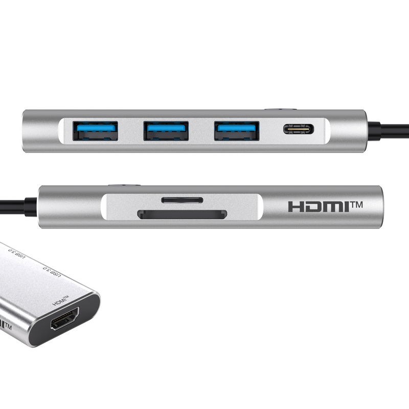 Turonic BYL-2425 USB hub USB-C 7-in-1 with 100W PD, HDMI 4K@60Hz | 3 USB 3.0 5Gbps Ports, SD/MicroSD Card Reader, USB 3.2 Interface, 143mm Cable, Durable Aluminum Housing