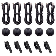Five coiled braided black USB-C cables with five dome cable clips and five velcro tie straps.