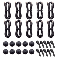 Ten coiled black braided cables with USB-C ends, plus cable clips and velcro ties, on white.
