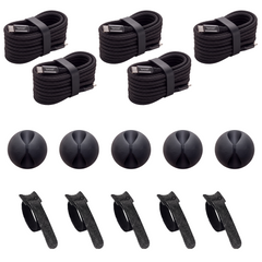 Five coiled black braided cables with five dome cable clips and five velcro straps on white.