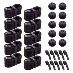 Ten braided black cables coiled with velcro straps, alongside ten dome cable clips and fifteen hook-and-loop ties.