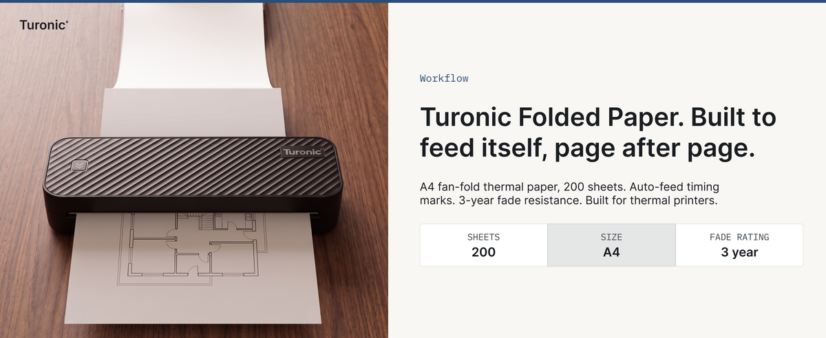 Turonic FP1 Thermal Paper (A4, 200 Sheets, Fan-Fold) — A+ block 1