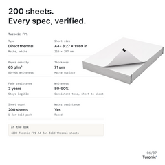 Turonic FP1 Thermal Paper (A4, 200 Sheets, Fan-Fold)