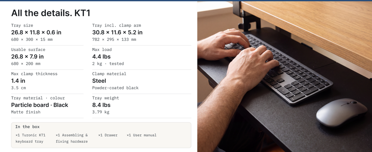 Turonic KT1 Under-Desk Keyboard Tray — A+ block 6