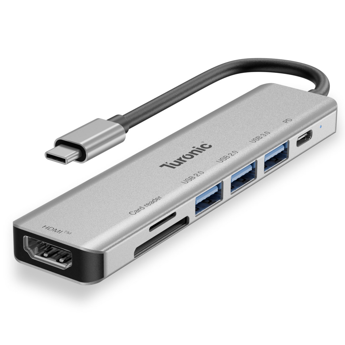 Turonic ConnectHub 7-in-1 YG-2120 aluminum USB-C hub with three USB-A ports, SD and MicroSD card readers, HDMI output and 143 mm integrated cable connected to a Mac Mini