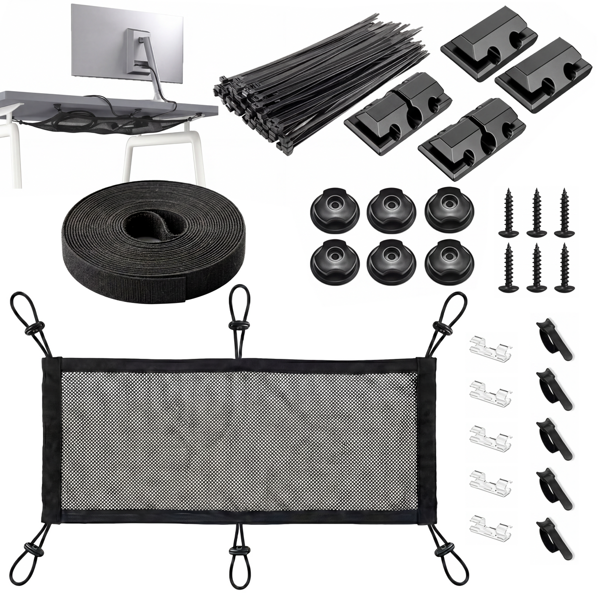 Turonic Cable Management Kit DM2 — Under-Desk Net + Cable Organizers