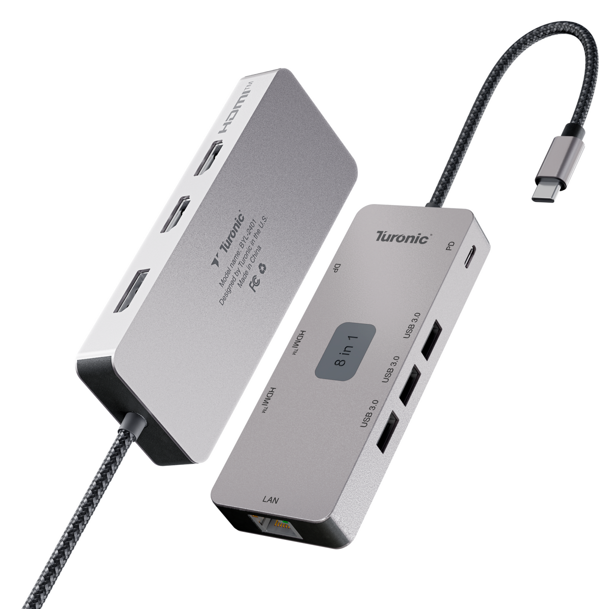 Turonic DockHub Mini 8-in-1 BYL-2401 USB-C hub with dual HDMI, DisplayPort, Gigabit Ethernet and three USB-A ports connected to a laptop driving three 4K monitors