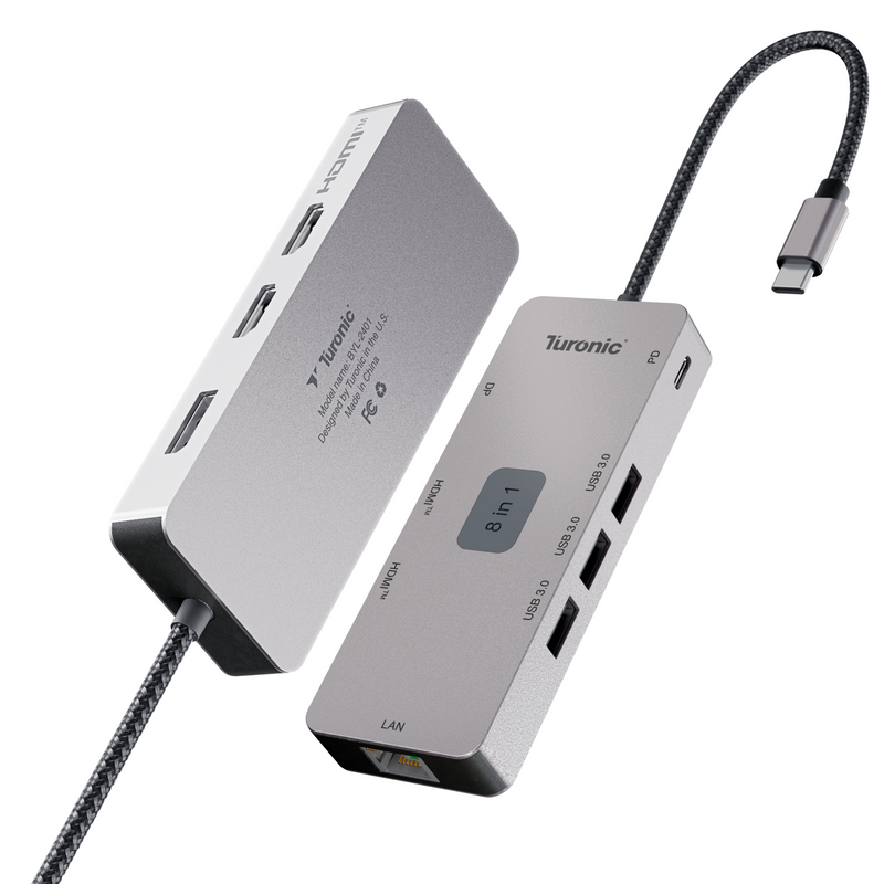 Turonic BYL-2401 Universal Docking Station 8-in-1 USB-C Hub, 100W PD | Dual HDMI 4K@60Hz, DP 1.2, Gigabit Ethernet, 3 USB-A 5Gbps Ports, Charging, Aluminum Housing