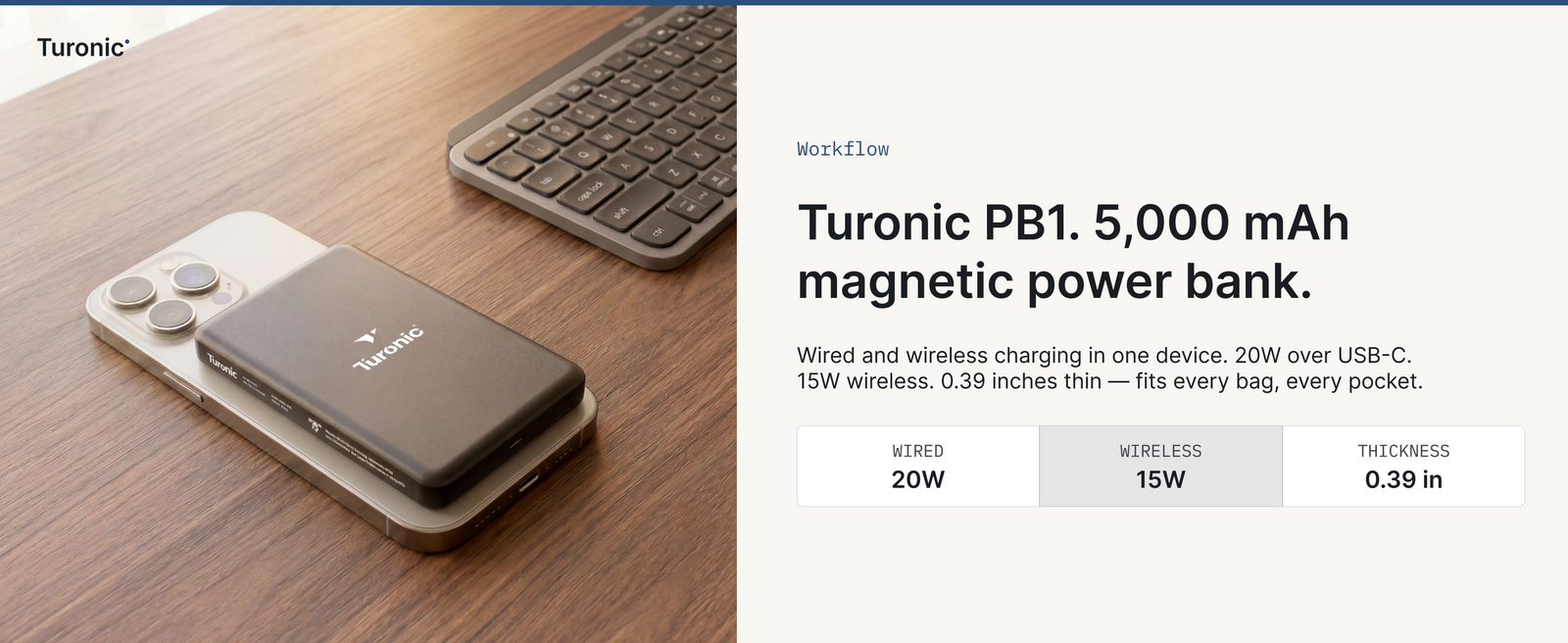 Turonic Power Bank PB1 — 5,000 mAh Wireless + USB-C — A+ block 1
