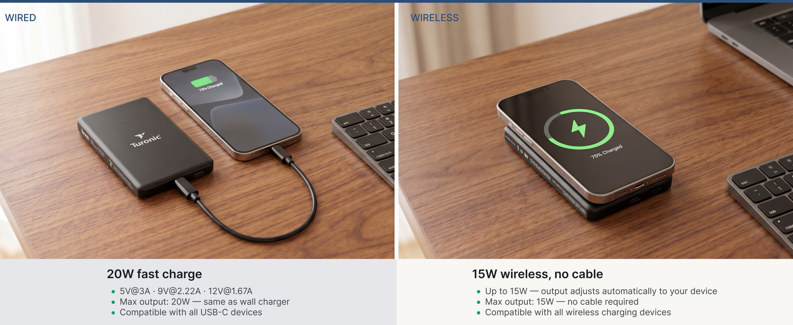 Turonic Power Bank PB1 — 5,000 mAh Wireless + USB-C — A+ block 4