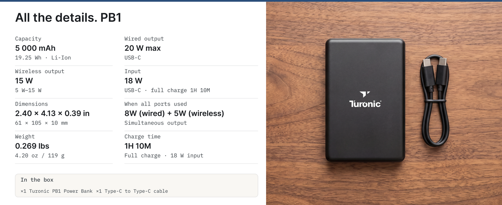 Turonic Power Bank PB1 — 5,000 mAh Wireless + USB-C — A+ block 6