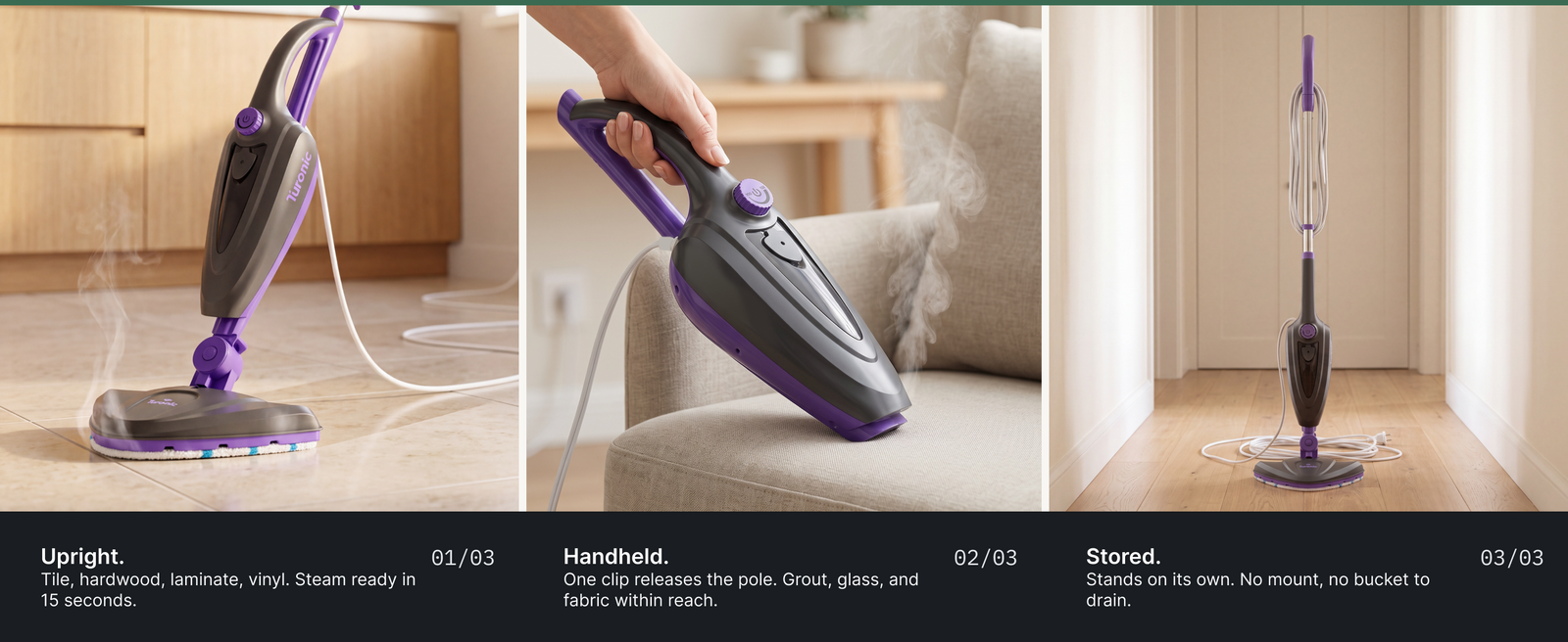 Turonic ST3 10-in-1 Steam Mop - 1500W Floor Steamer with Detachable Handle | 110°C Steam, 25-Min Runtime, Handheld Cleaner for Tile, Grout, Hardwood, Carpet, Upholstery, Chemical-Free Cleaning — A+ block 2 slide 1
