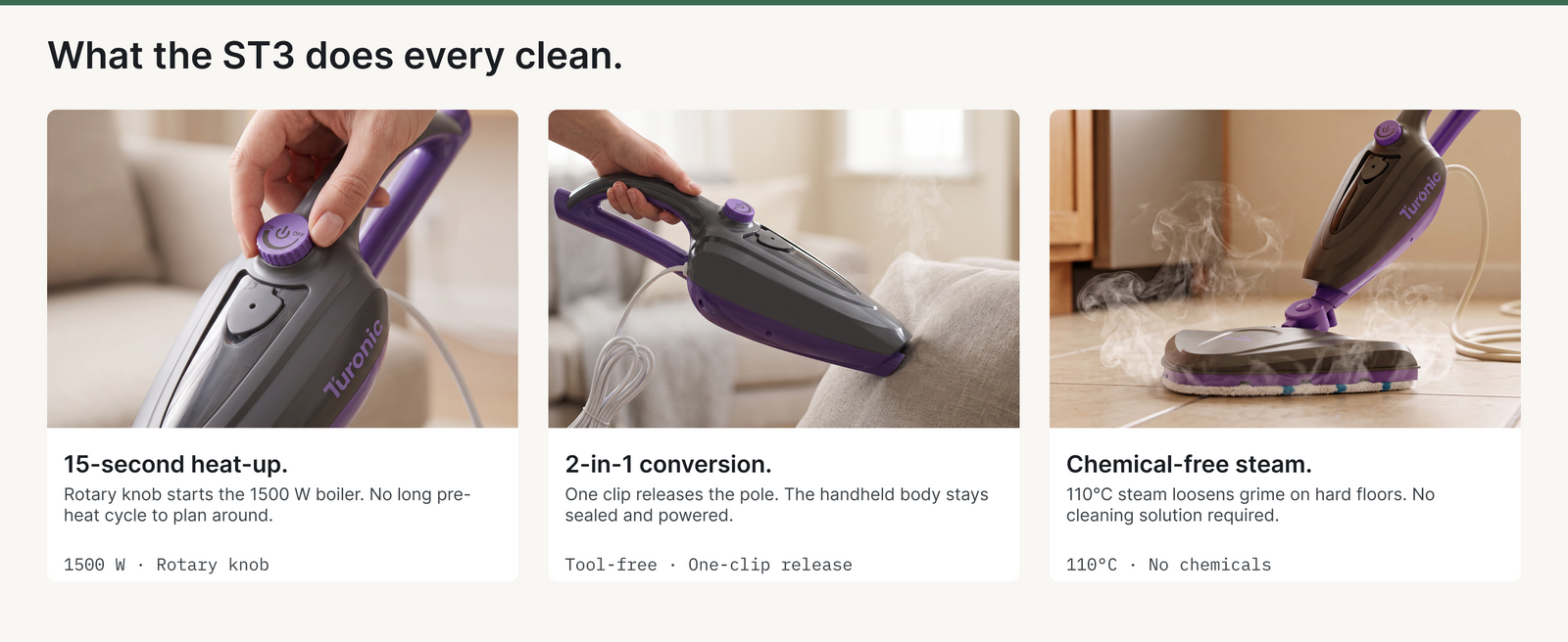 Turonic ST3 10-in-1 Steam Mop - 1500W Floor Steamer with Detachable Handle | 110°C Steam, 25-Min Runtime, Handheld Cleaner for Tile, Grout, Hardwood, Carpet, Upholstery, Chemical-Free Cleaning — A+ block 3 slide 1
