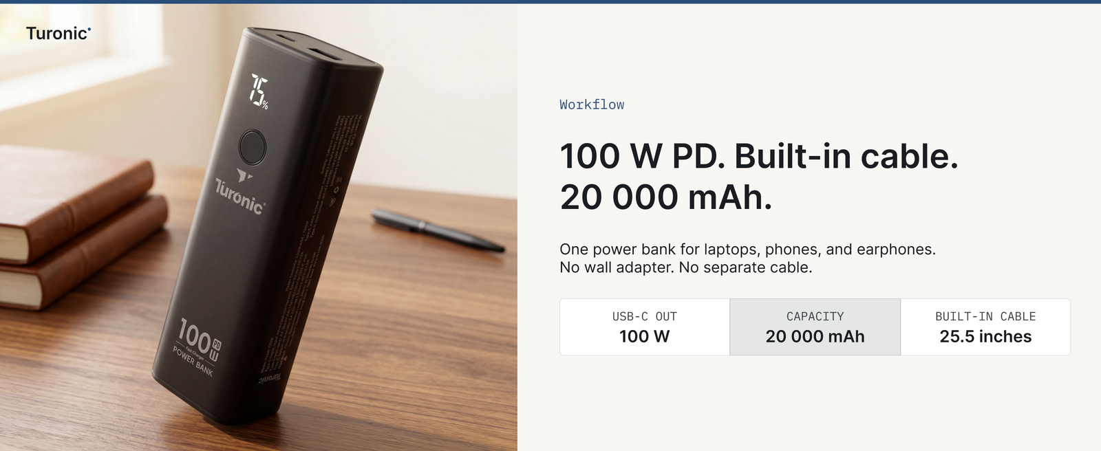 Turonic Power Bank T22B — 20,000 mAh / 100W with Built-in Cable — A+ block 1