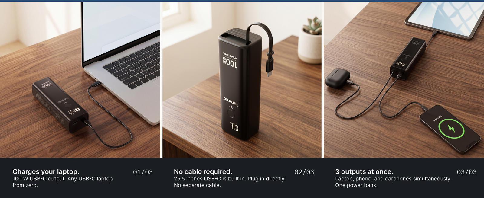 Turonic Power Bank T22B — 20,000 mAh / 100W with Built-in Cable — A+ block 2