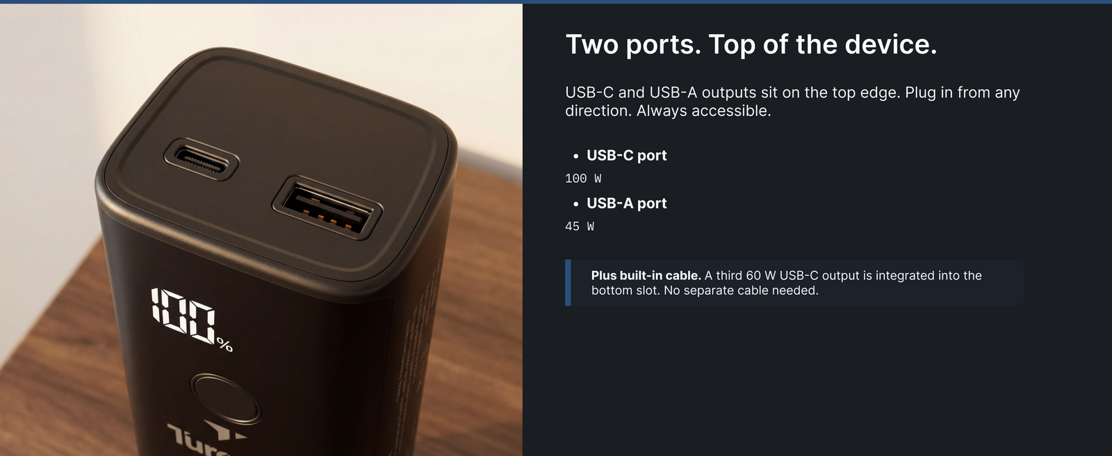 Turonic Power Bank T22B — 20,000 mAh / 100W with Built-in Cable — A+ block 4 slide 2