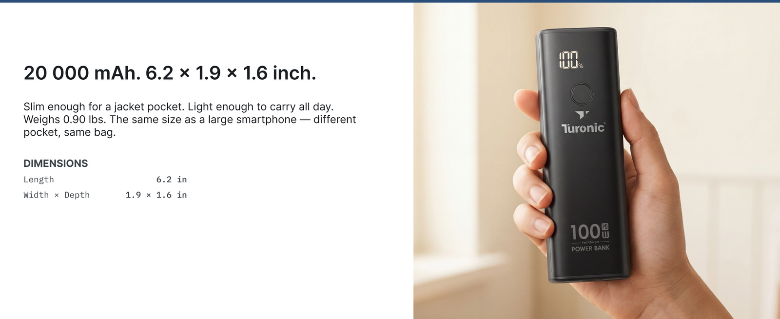 Turonic Power Bank T22B — 20,000 mAh / 100W with Built-in Cable — A+ block 5 slide 1
