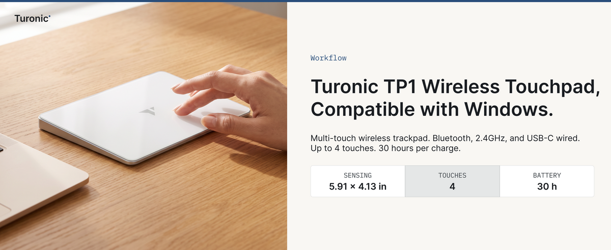 Turonic TP1 Wireless Touchpad, Compatible with Windows, Bluetooth 2.4GHz | Type-C Rechargeable, 150x105mm Area, Up to 30H Use, 4-Touch Recognition, Multi-Device Connection, Precision Glass — A+ block 1