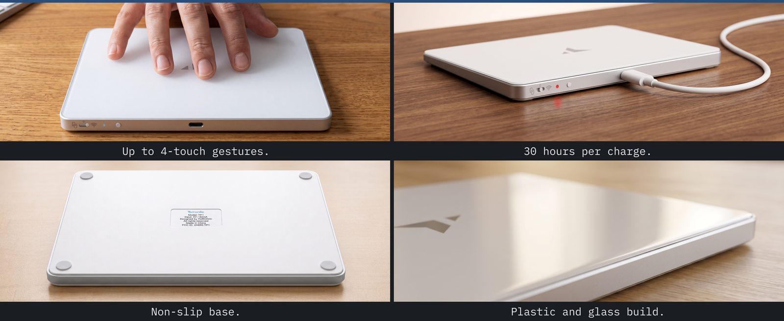 Turonic TP1 Wireless Touchpad, Compatible with Windows, Bluetooth 2.4GHz | Type-C Rechargeable, 150x105mm Area, Up to 30H Use, 4-Touch Recognition, Multi-Device Connection, Precision Glass — A+ block 3