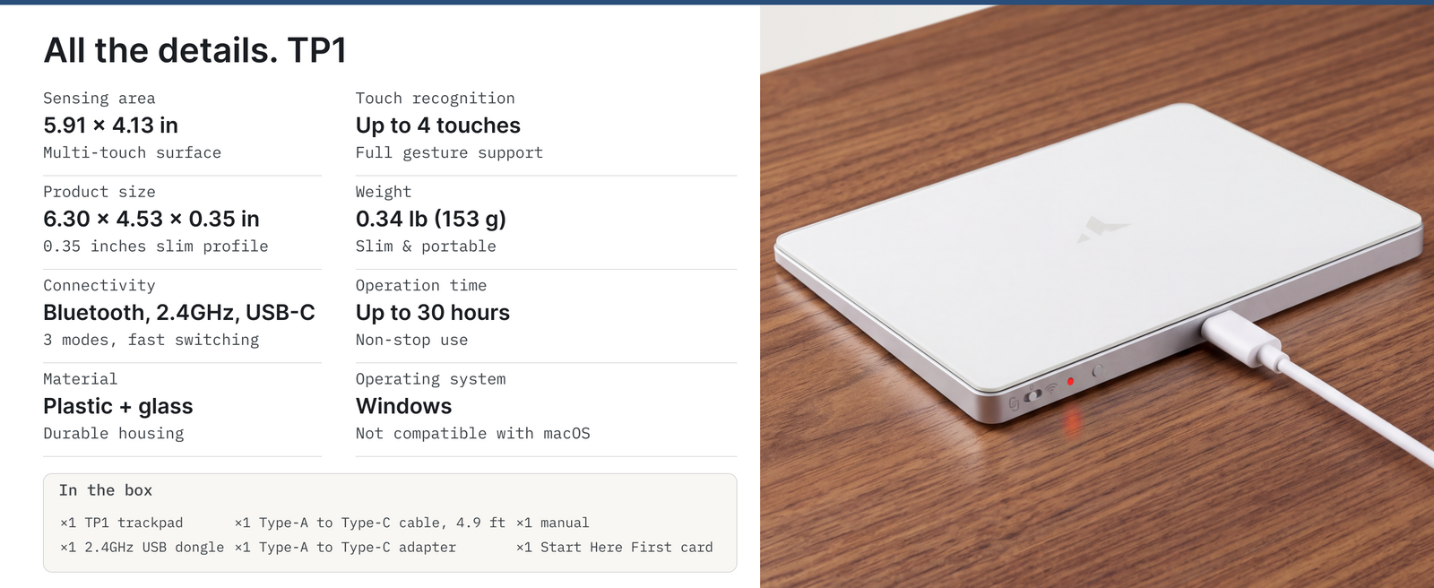 Turonic TP1 Wireless Touchpad, Compatible with Windows, Bluetooth 2.4GHz | Type-C Rechargeable, 150x105mm Area, Up to 30H Use, 4-Touch Recognition, Multi-Device Connection, Precision Glass — A+ block 6
