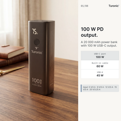 Turonic Power Bank T22B — 20,000 mAh / 100W with Built-in Cable