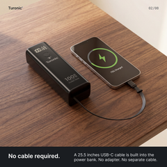Turonic Power Bank T22B — 20,000 mAh / 100W with Built-in Cable