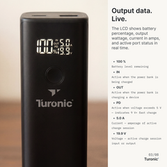 Turonic Power Bank T22B — 20,000 mAh / 100W with Built-in Cable