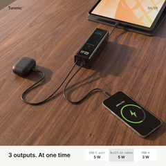 Turonic Power Bank T22B — 20,000 mAh / 100W with Built-in Cable
