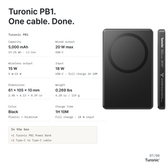 Turonic Power Bank PB1 — 5,000 mAh Wireless + USB-C