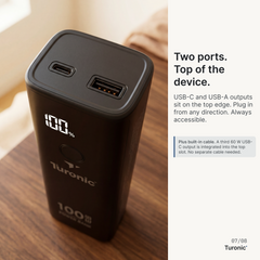 Turonic Power Bank T22B — 20,000 mAh / 100W with Built-in Cable