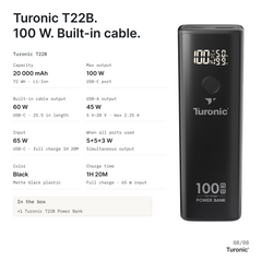 Turonic Power Bank T22B — 20,000 mAh / 100W with Built-in Cable