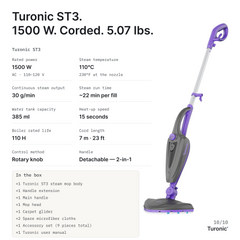 Spec sheet showing the ST3 upright steam mop in purple and grey with a detachable handle.