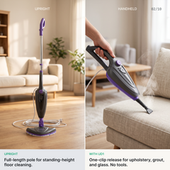 Side-by-side showing the upright floor mop and the detached handheld unit aimed at a sofa cushion.