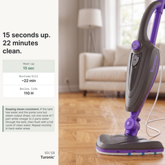 Gray and purple upright steam mop emitting visible steam onto a herringbone hardwood floor in a living room.