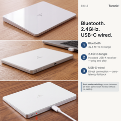 Three-panel shot showing the touchpad alone, beside a laptop with USB dongle, and with a USB-C cable plugged in.