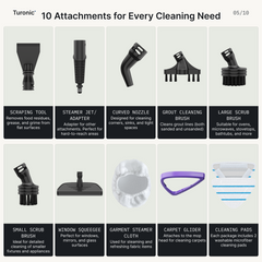 Grid of all 10 included attachments: scraper, jet adapter, curved nozzle, two brushes, squeegee, cloth, glider, and pads.