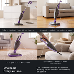 Four-panel graphic showing the gray and purple steam mop on tile, hardwood, carpet, and as a handheld on a sofa.