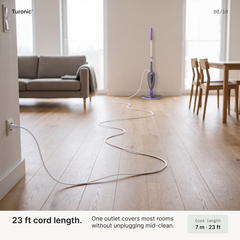 White power cord snaking 23 ft across a hardwood floor from a wall outlet to the upright purple-and-grey steam mop.