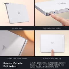 Four-panel view: underside with label, side buttons, silver corner closeup, and a finger touching the white glass surface.